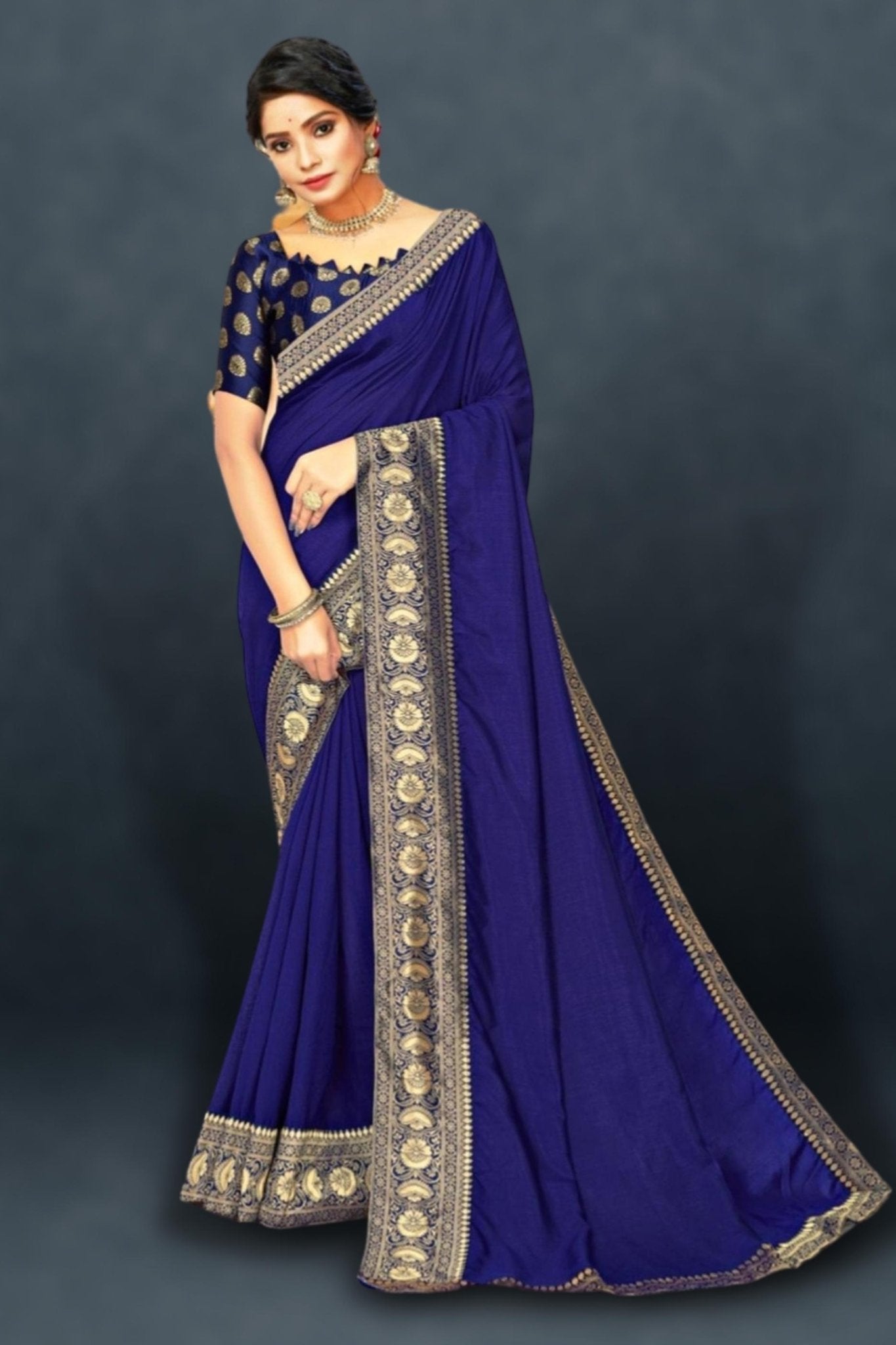 royal blue and gold saree