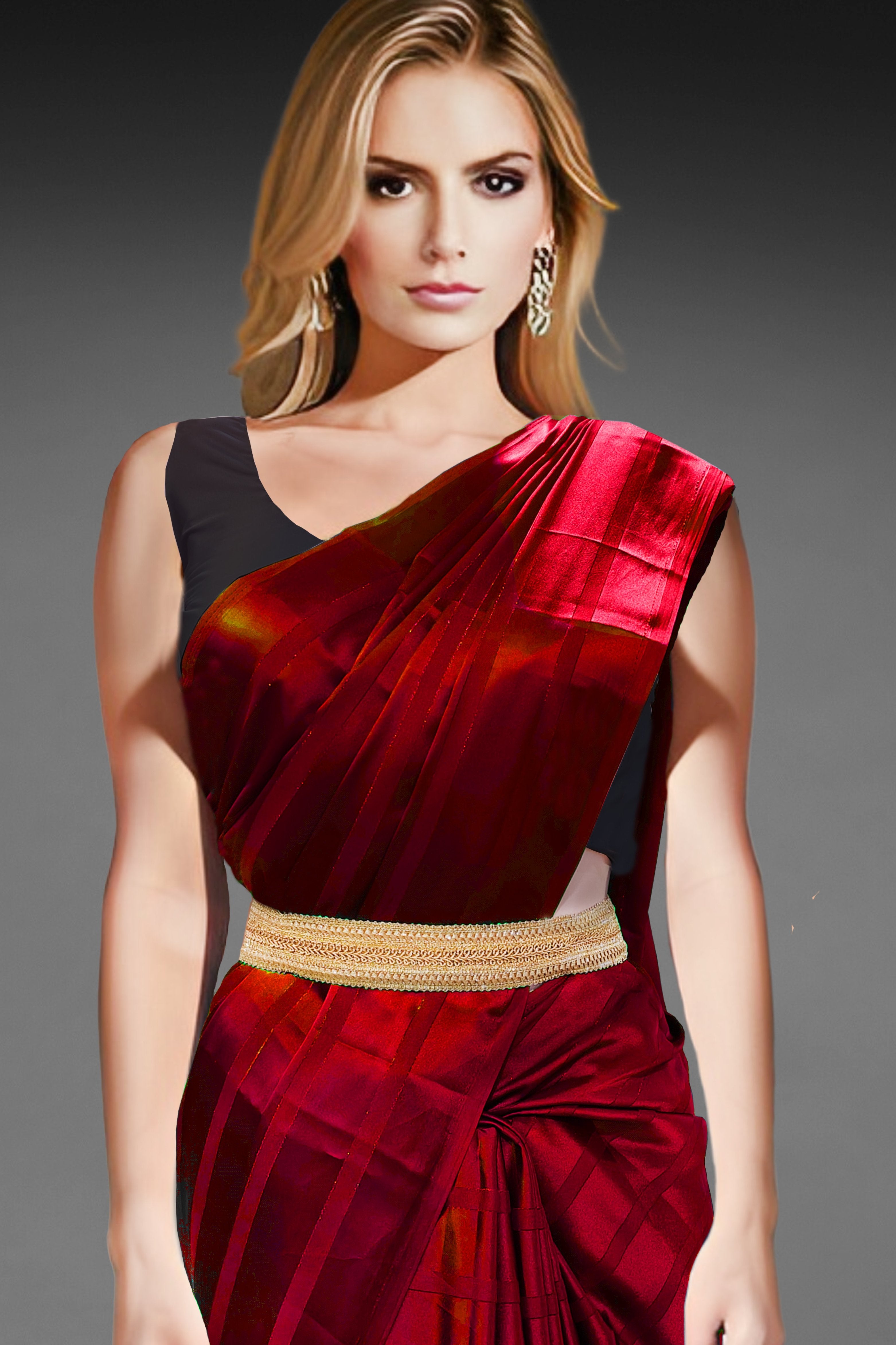 Radiant Party Wear Wine Satin Silk Base Designer Saree With Fancy Heavy  Blouse And Belt