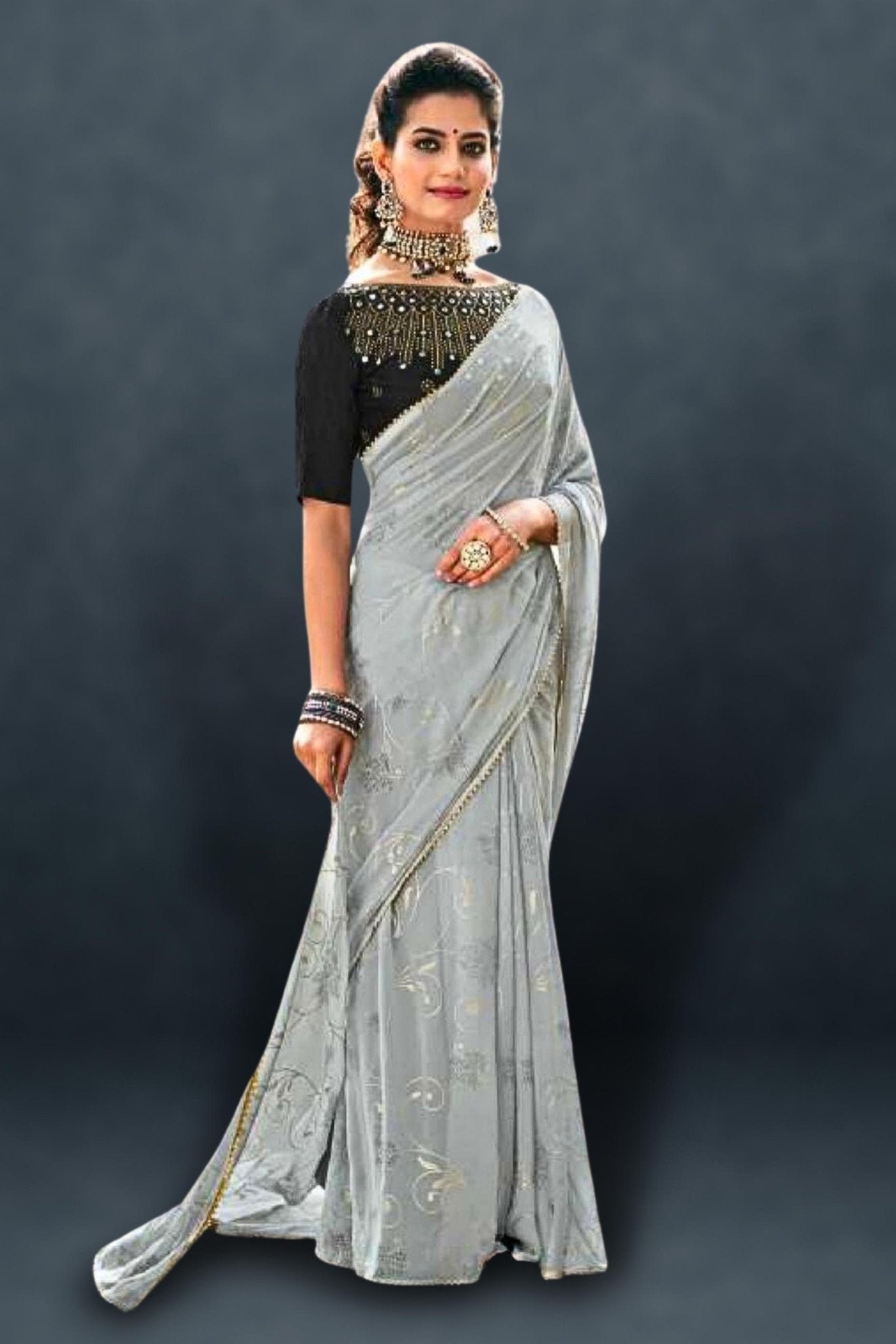 Buy Online Light Grey Saree with Embroidered Border and Saree Blouse – Pure  Elegance