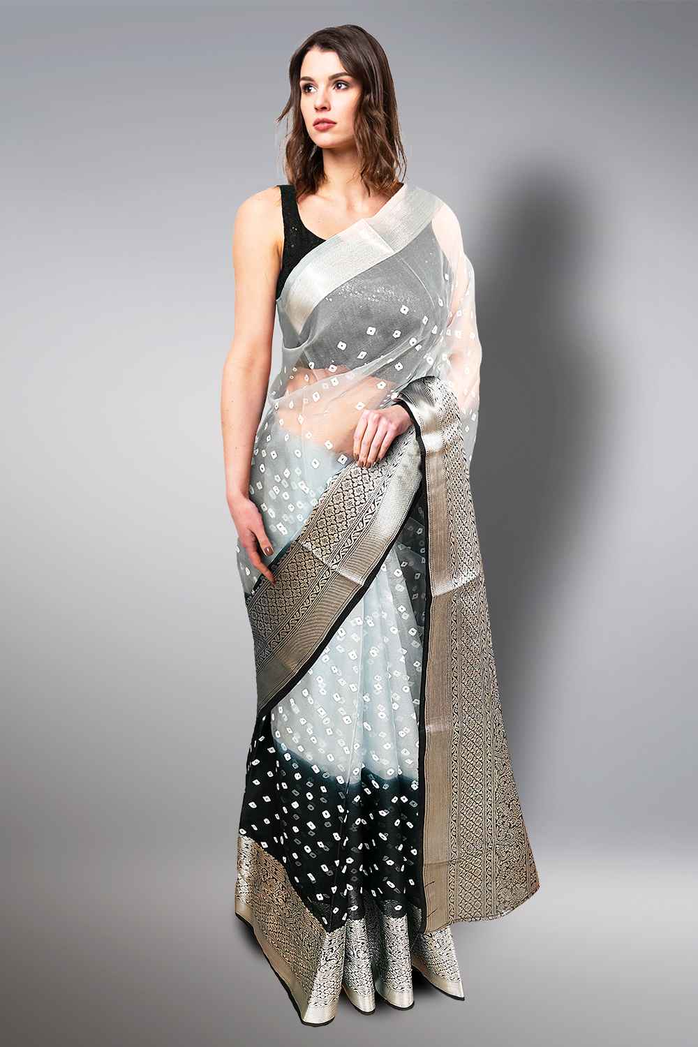 Black Saree with Silver Border