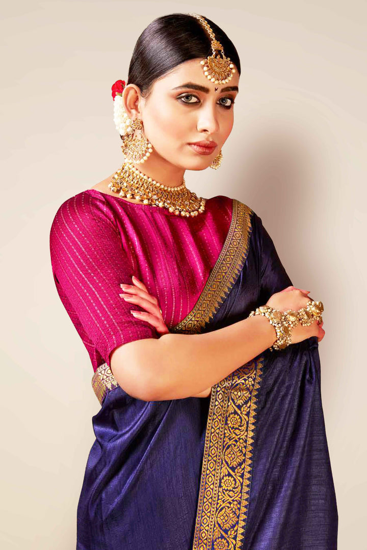 Blue Saree with Golden Border