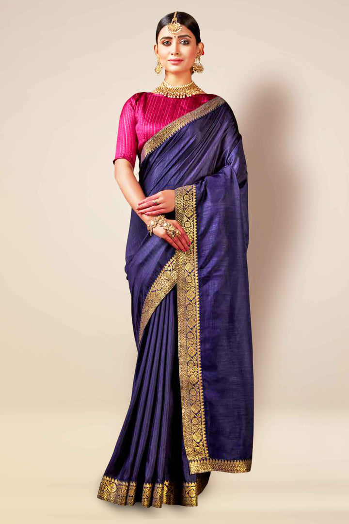 Blue Saree with Golden Border