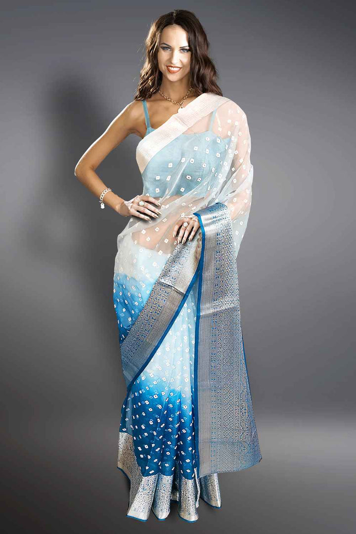 Blue Saree with Silver Border