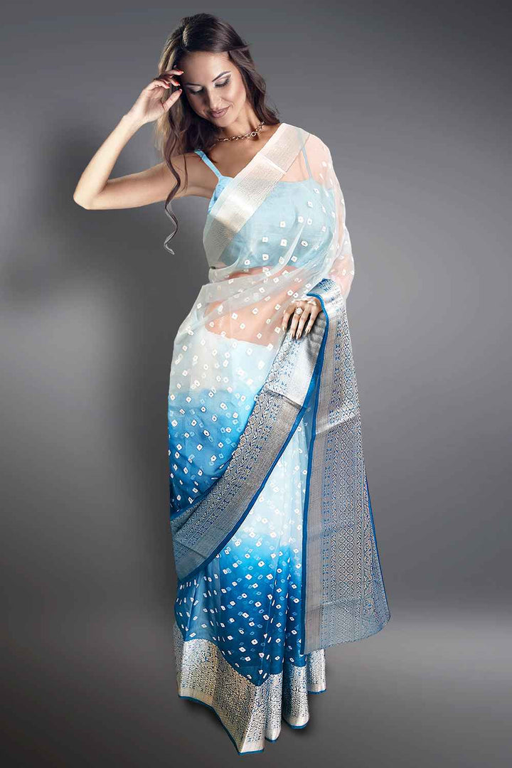 Blue Saree with Silver Border