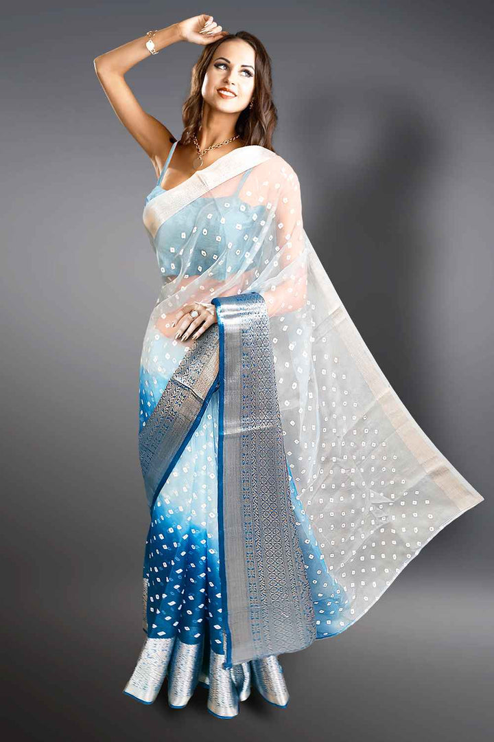 Blue Saree with Silver Border