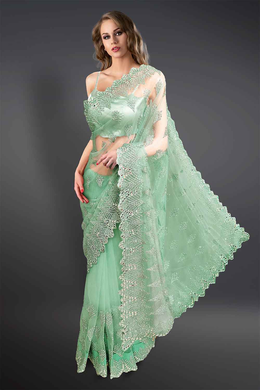 Green Net Saree