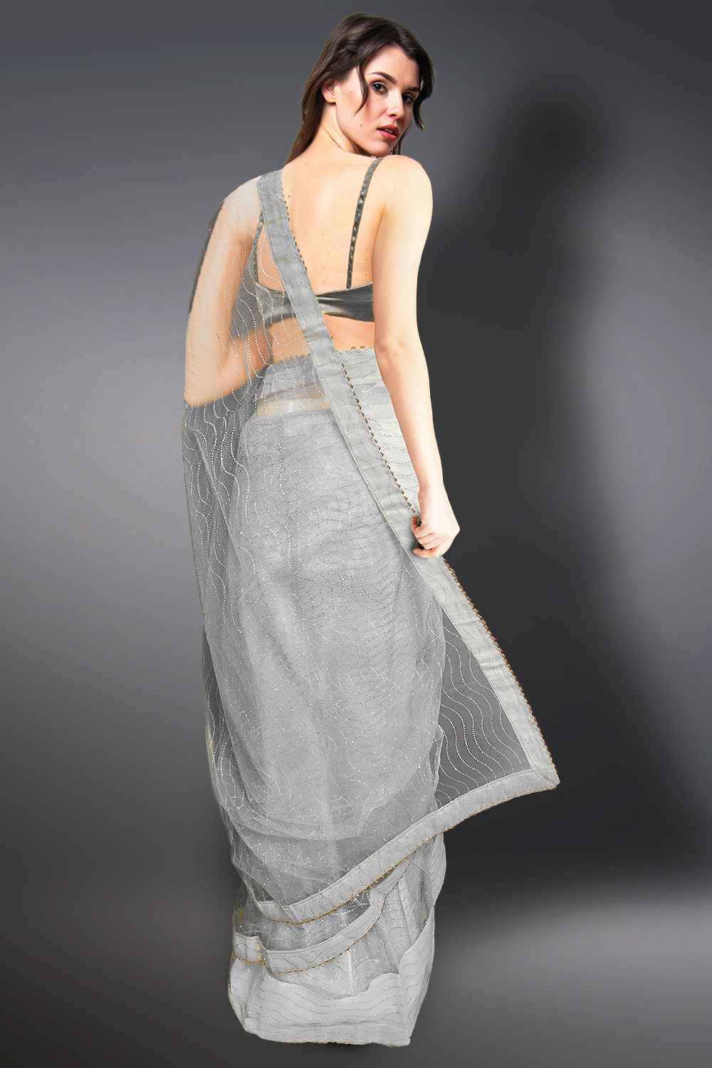 Grey Net Saree with Glitter Work