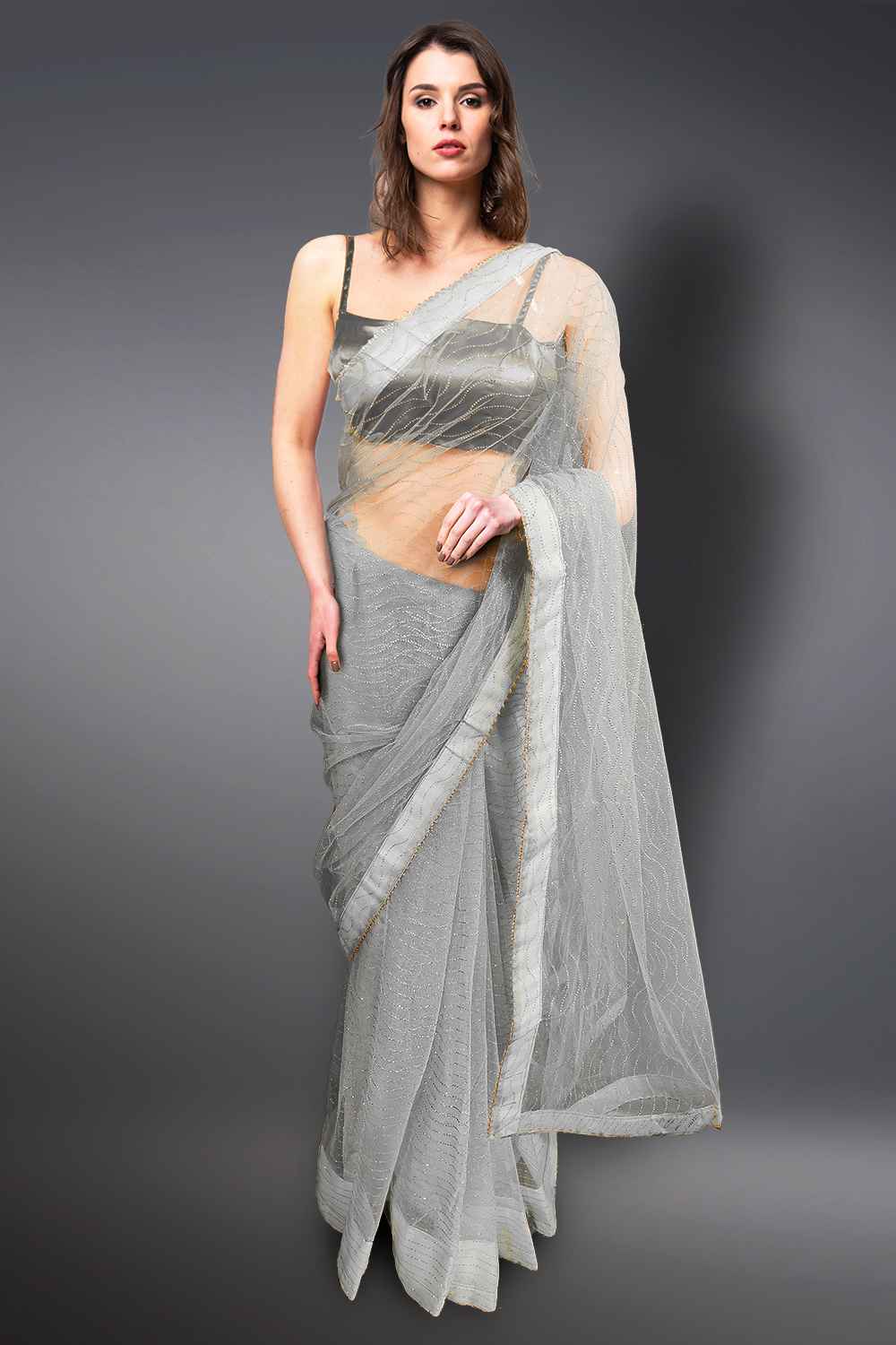 Grey Net Saree with Glitter Work