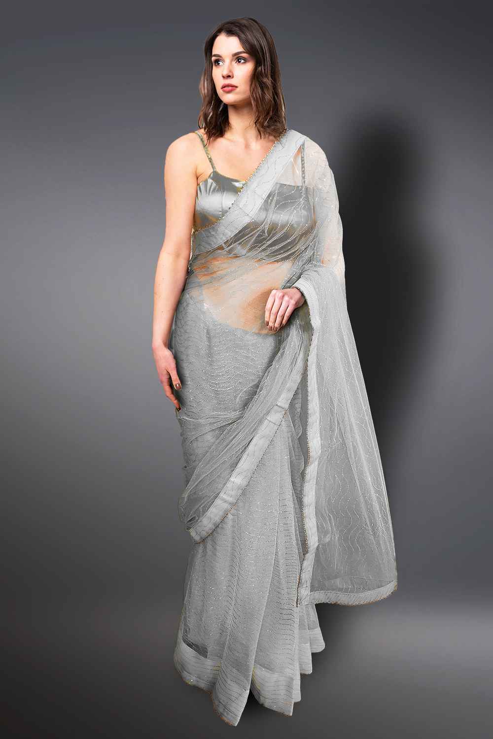 Grey Net Saree with Glitter Work