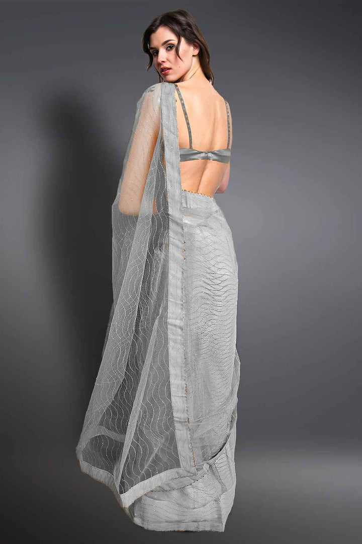 Grey Net Saree with Glitter Work