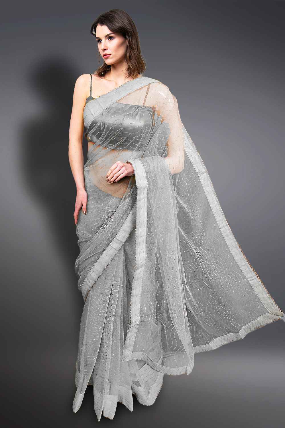 Grey Net Saree with Glitter Work