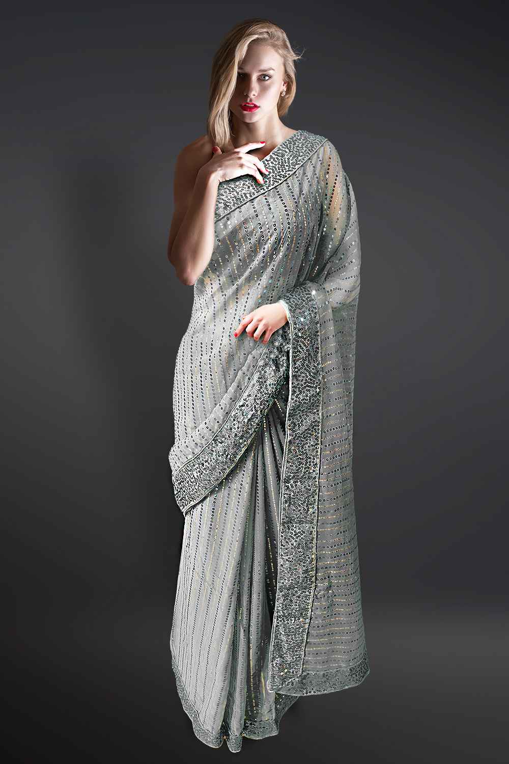 Grey Sequin Saree