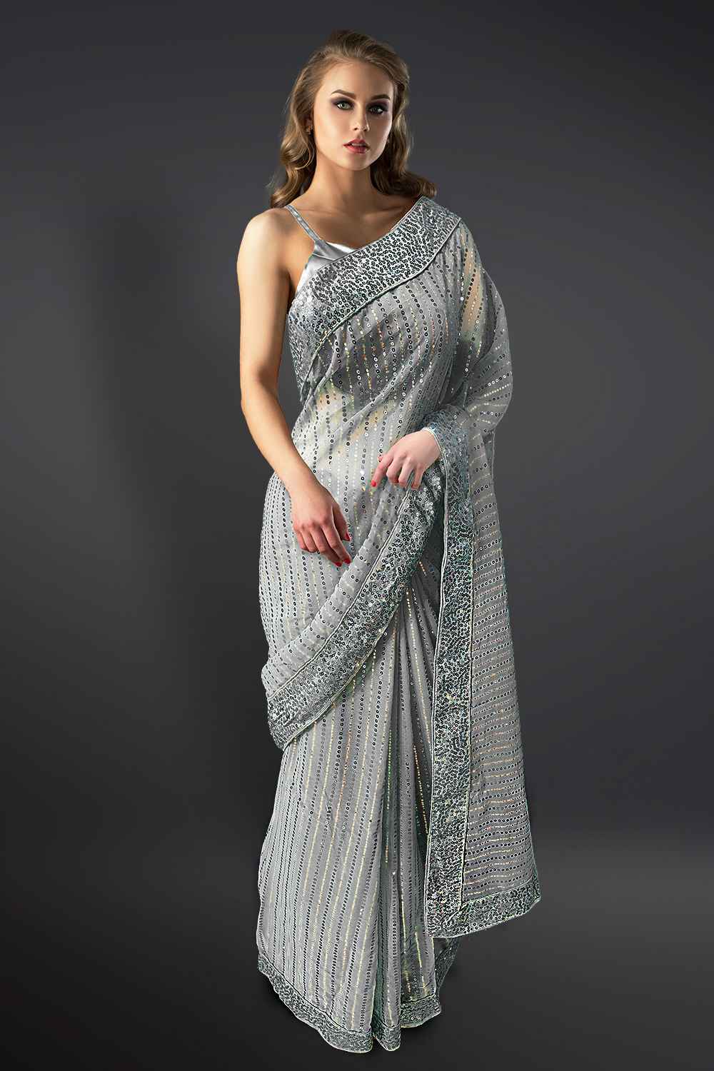 Grey Sequin Saree