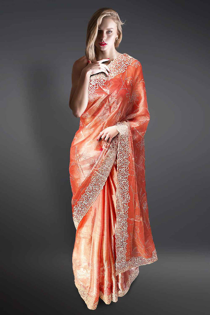 Peach Chikankari Saree