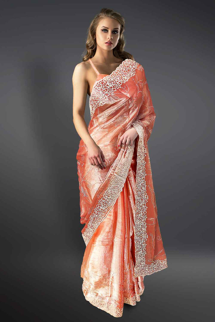 Peach Chikankari Saree