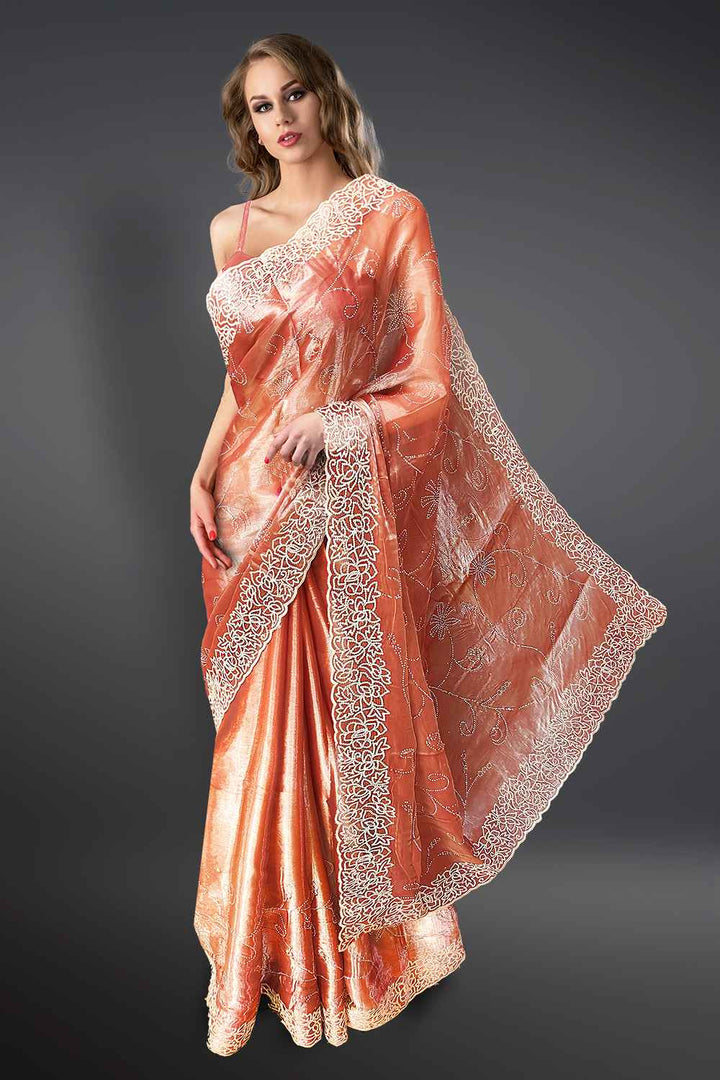 Peach Chikankari Saree