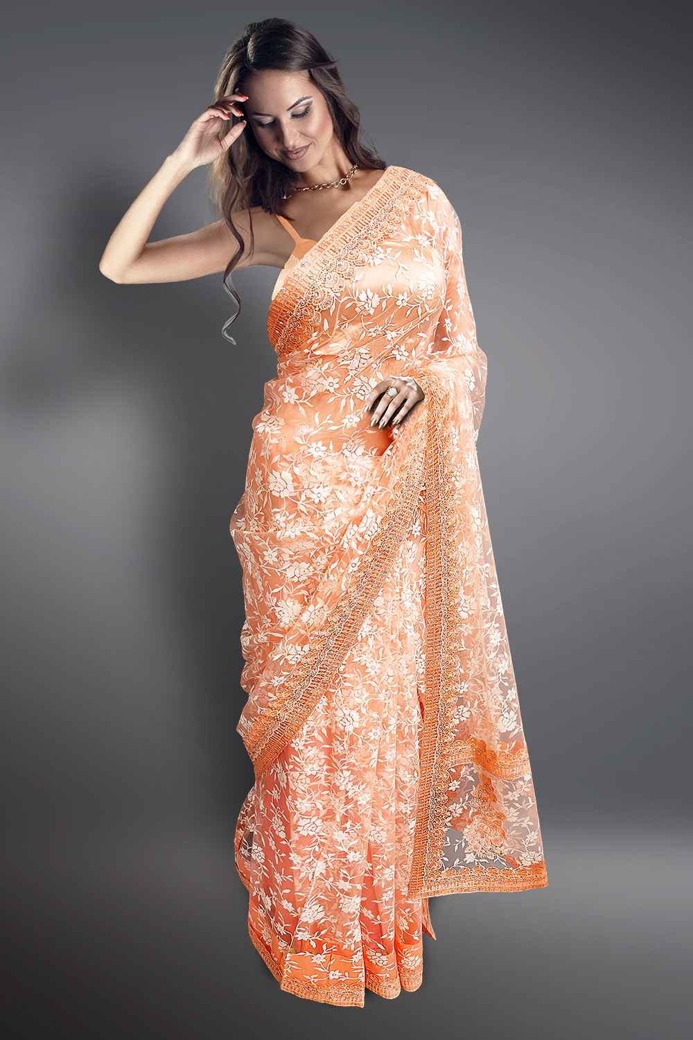 Peach Colour Net Saree