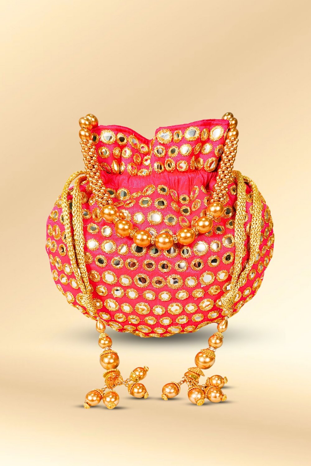 Pink Mirror Work Potli Bag