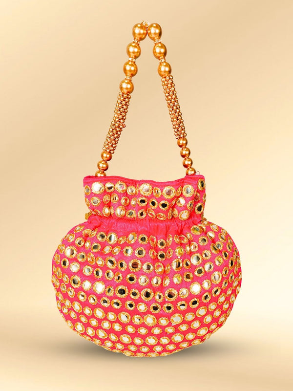 Pink Mirror Work Potli Bag