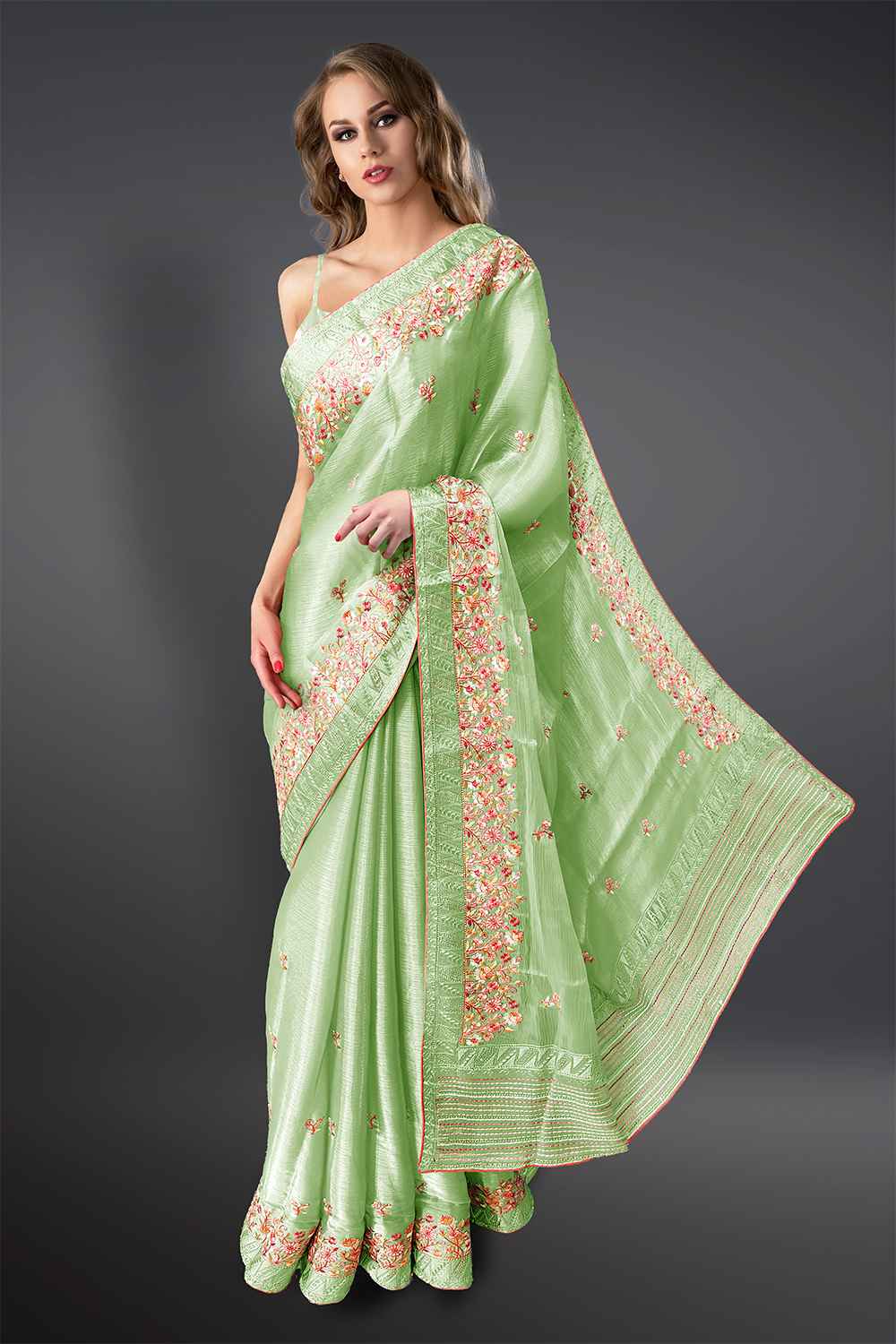 Pista Green Organza Silk Saree