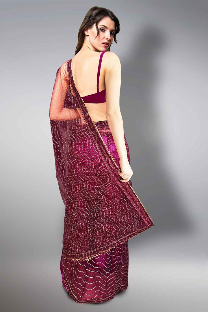 Wine Colour Net Saree