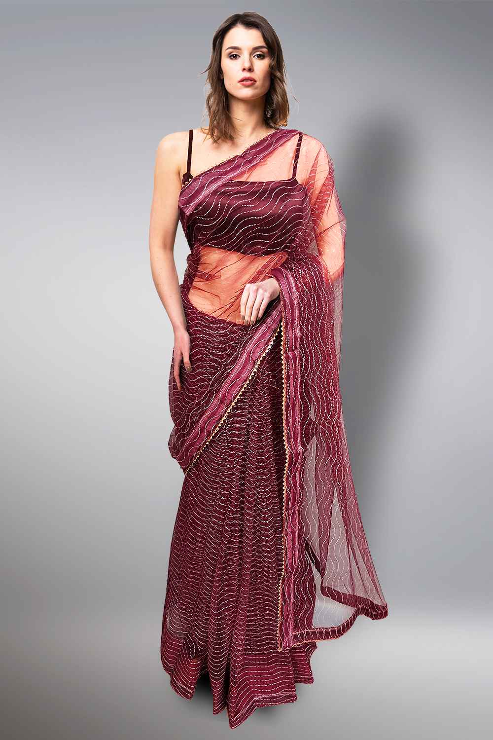 Wine Colour Net Saree