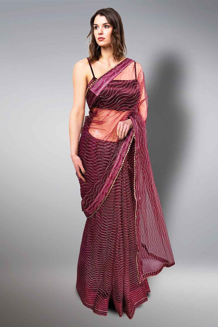 Wine Colour Net Saree