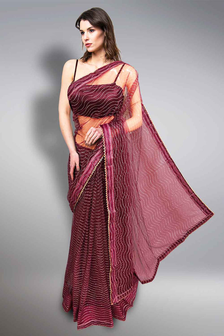 Wine Colour Net Saree