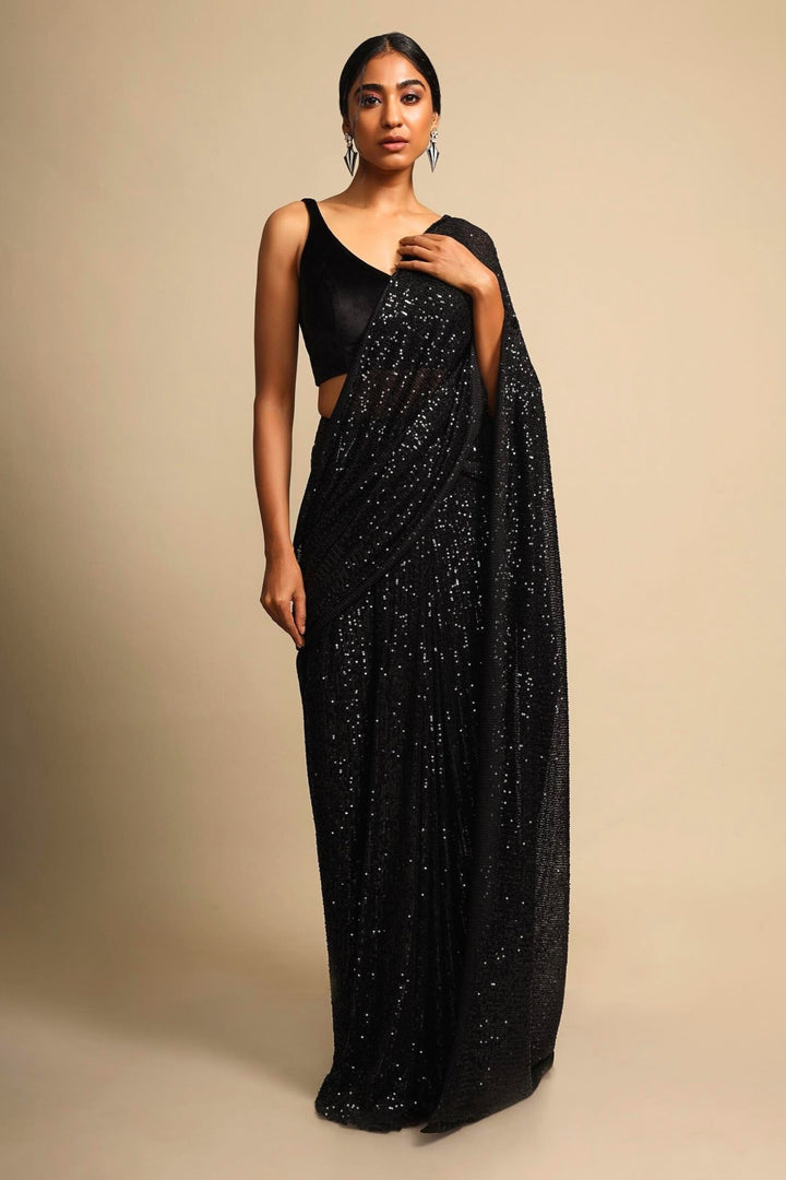 black net saree - black net saree party wear - black colour net saree