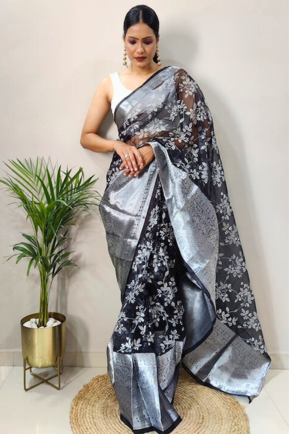 black saree with silver border - black and silver saree - black silver saree