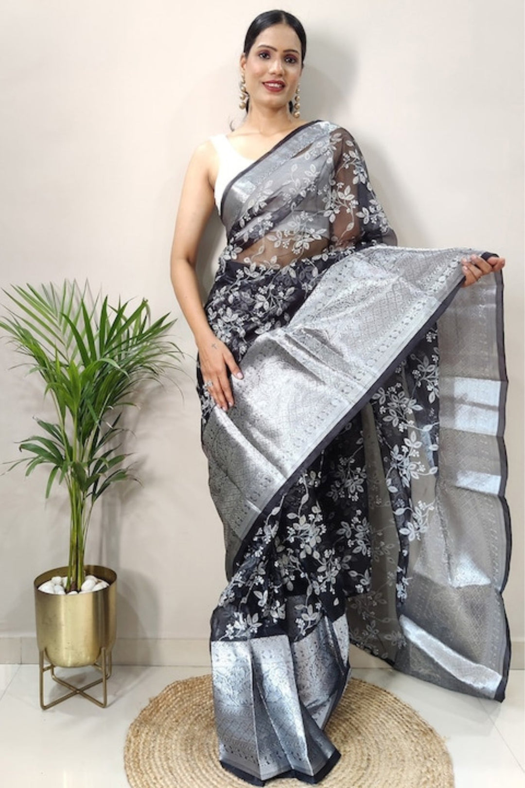 black saree with silver border - black and silver saree - black silver saree