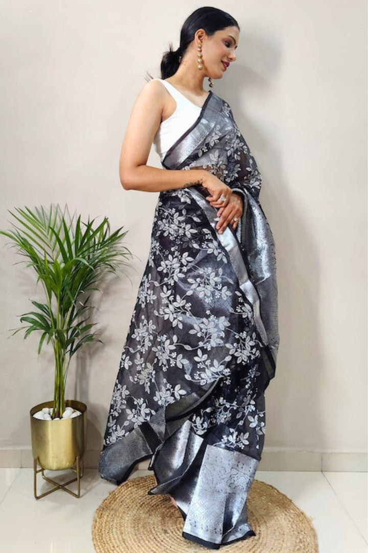 black saree with silver border - black and silver saree - black silver saree