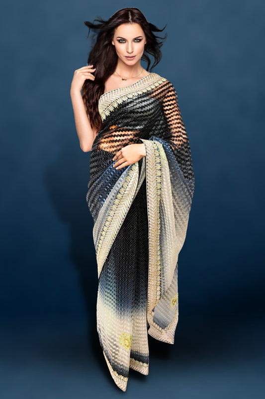 Borderless dark mustard spare striped kamala silk saree, contrast intricate  design digital printed blouse