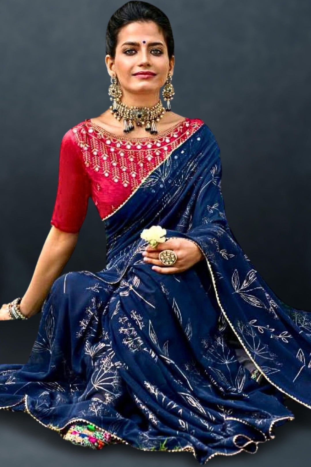 blue saree with red blouse - blue and red combination saree