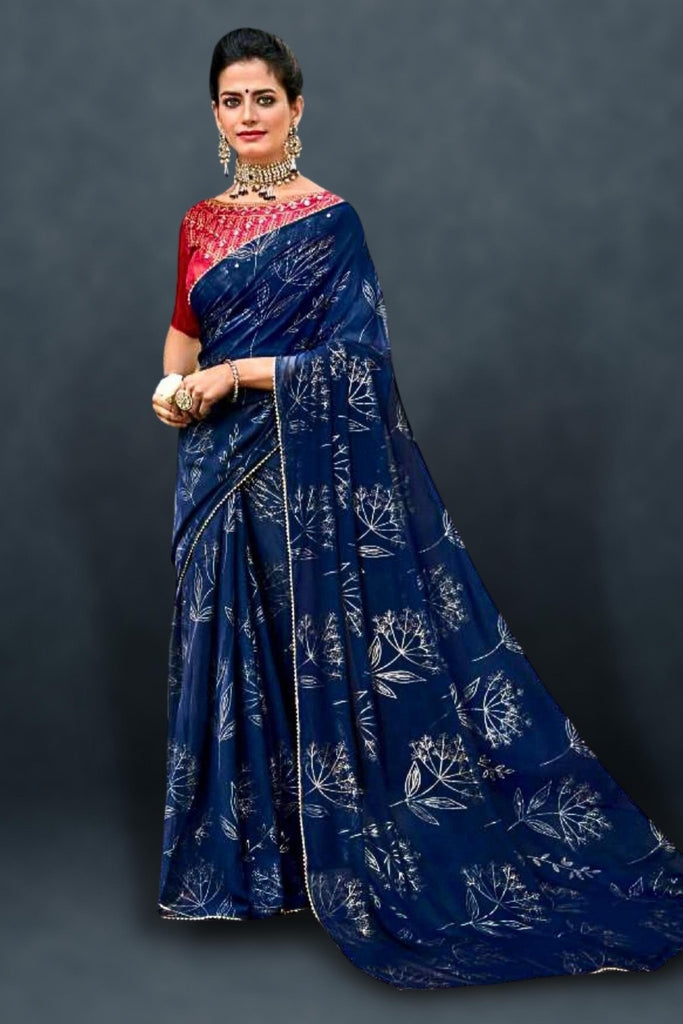 Traditional Tomato-Red Paithani Silk Saree With Indigo-Blue Border