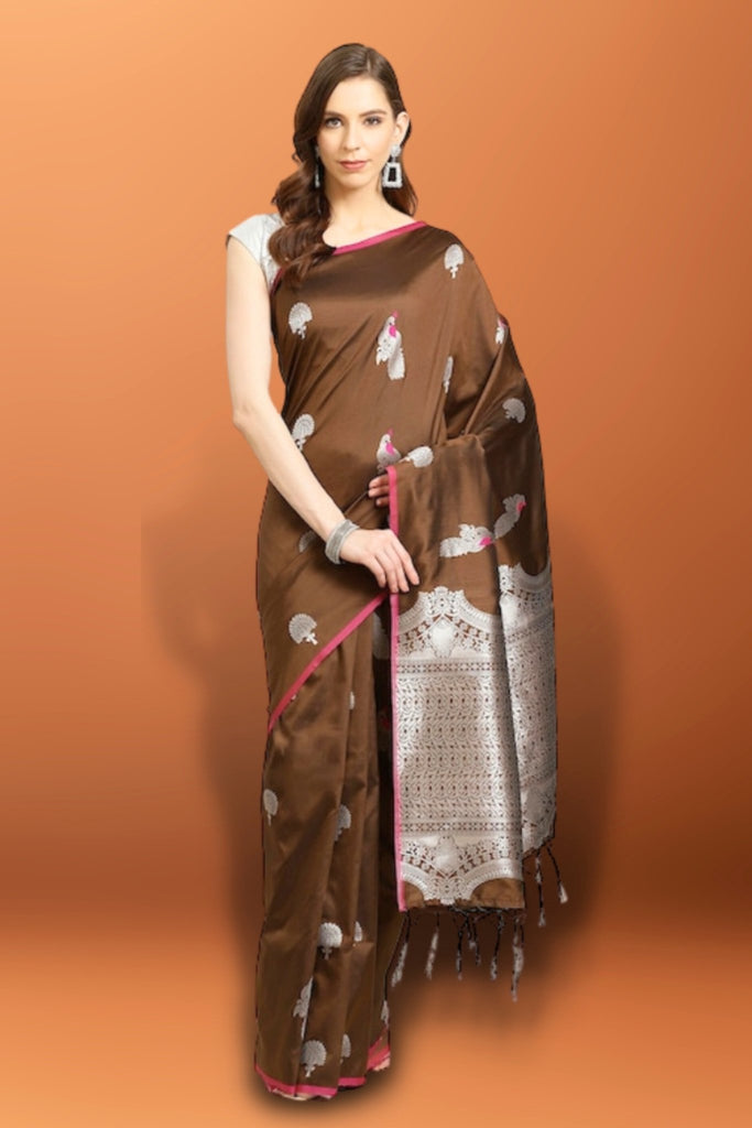 Silk Linen Plain Saree Brown Color with contrast border and attached  Running Blouse-Indiehaat – Indiehaat.com