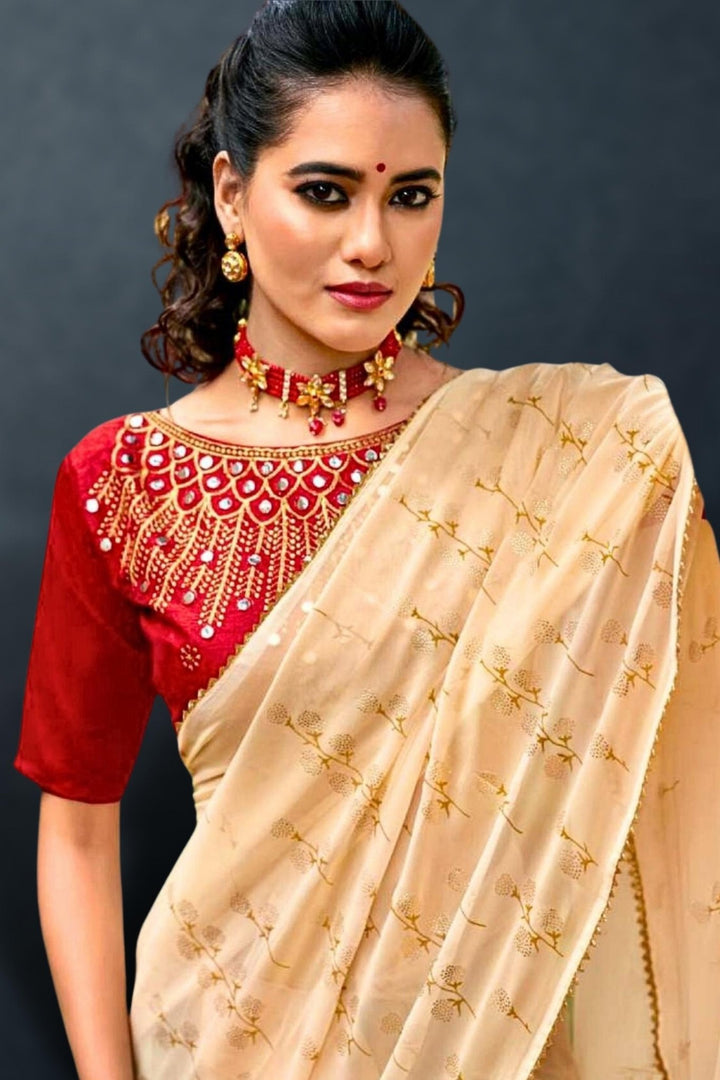 cream colour saree with contrast blouse