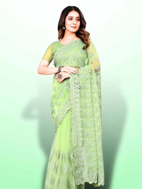green net saree - light green net saree - pista green net saree