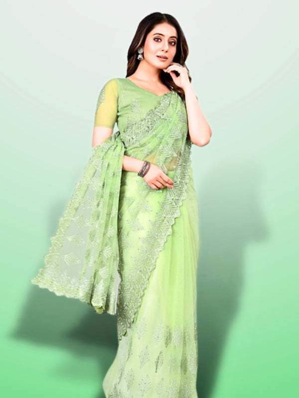 green net saree - light green net saree - pista green net saree