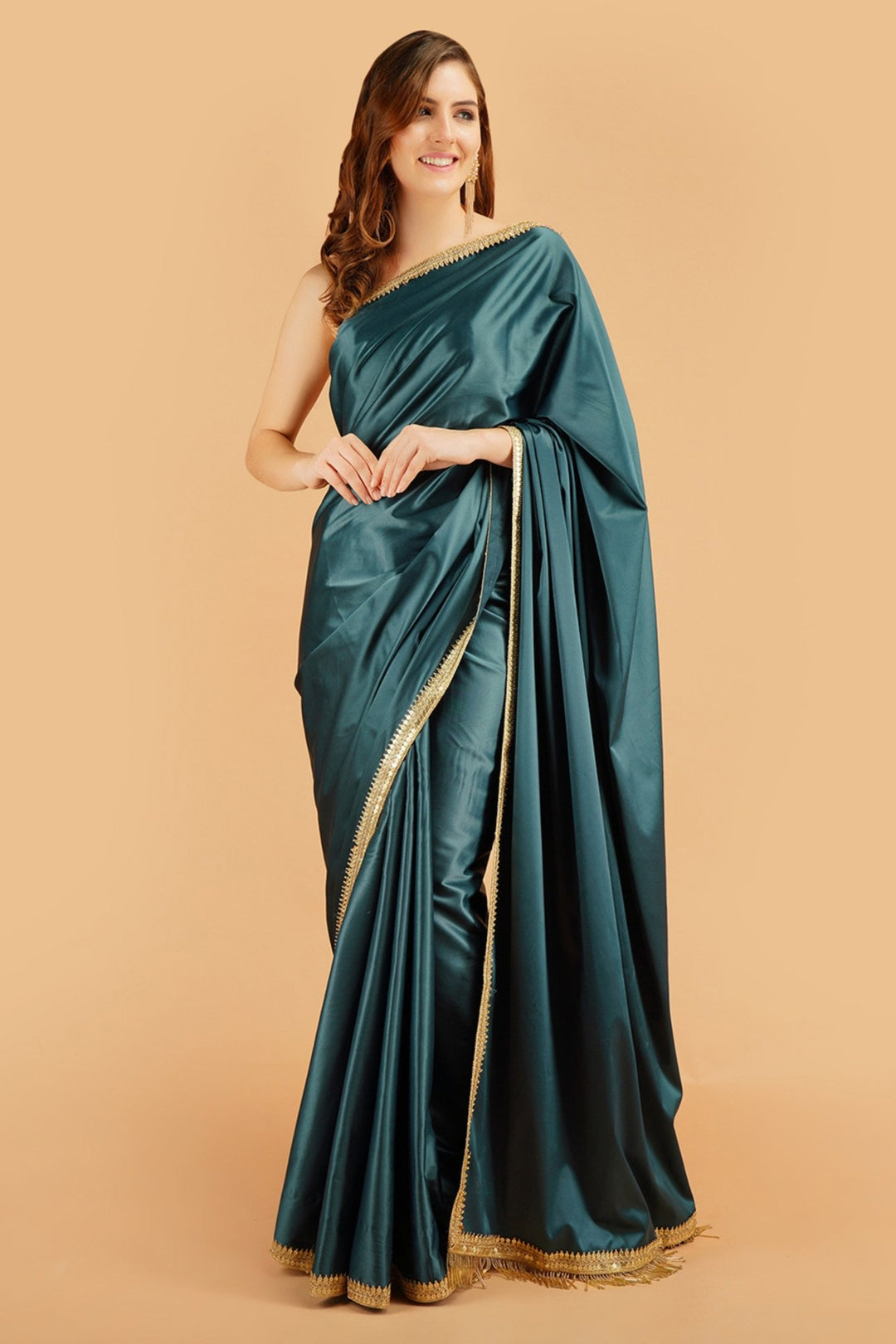green satin saree - bottle green satin saree