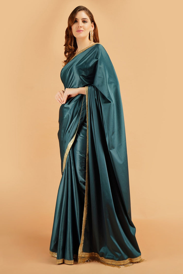 green satin saree - bottle green satin saree