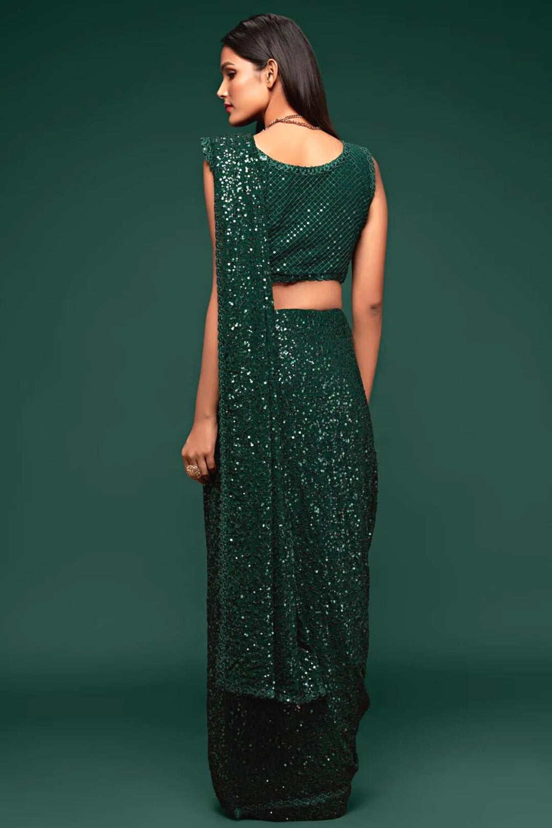 green sequin saree - bottle green sequin saree