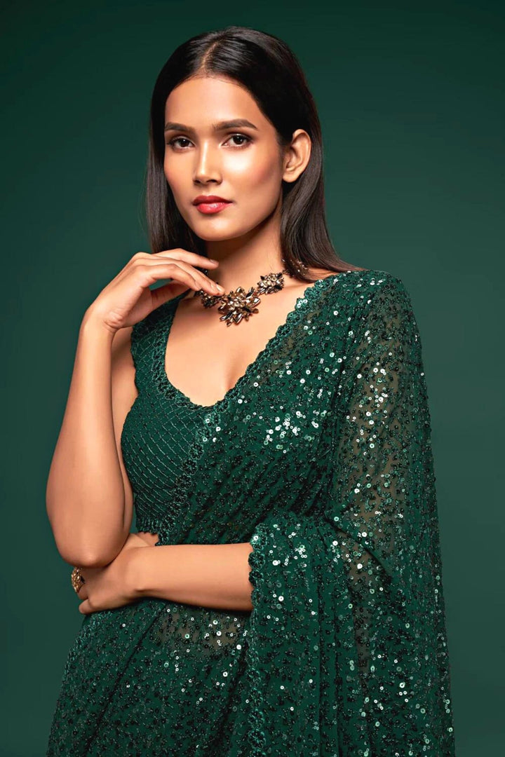 green sequin saree - bottle green sequin saree