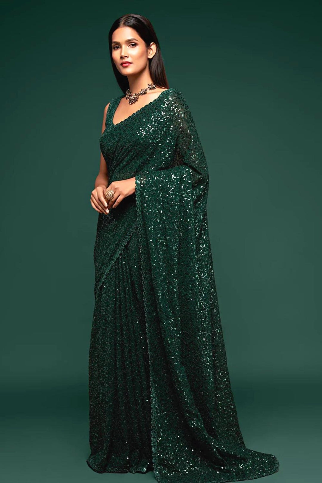 green sequin saree - bottle green sequin saree
