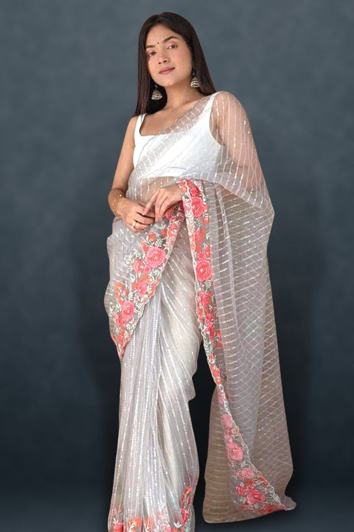 grey net saree - silver net saree