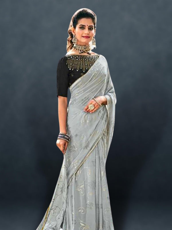 New Designer Saree with Contrast Blouse | Grey Colour Saree Design