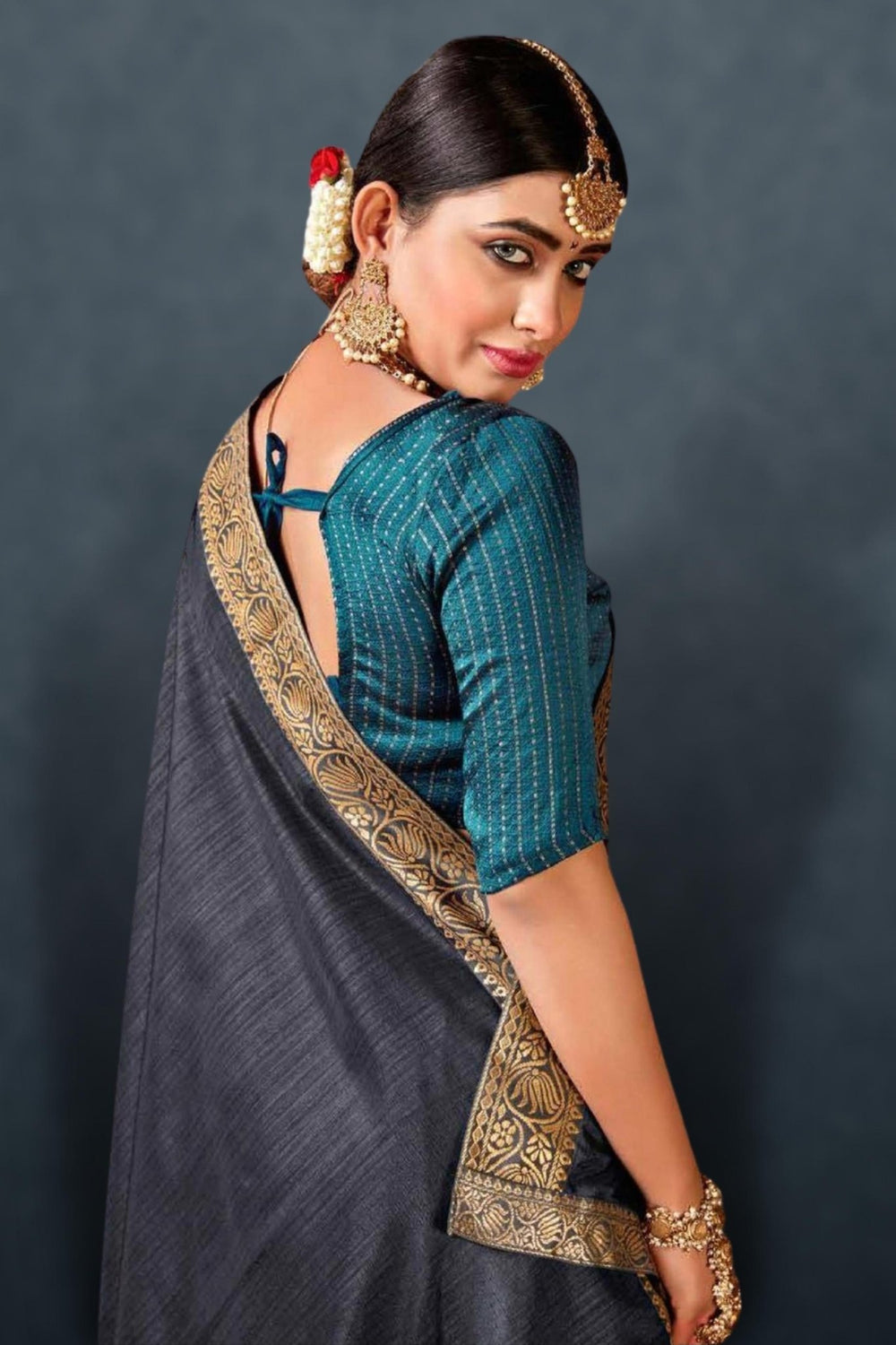 grey saree with contrast blouse