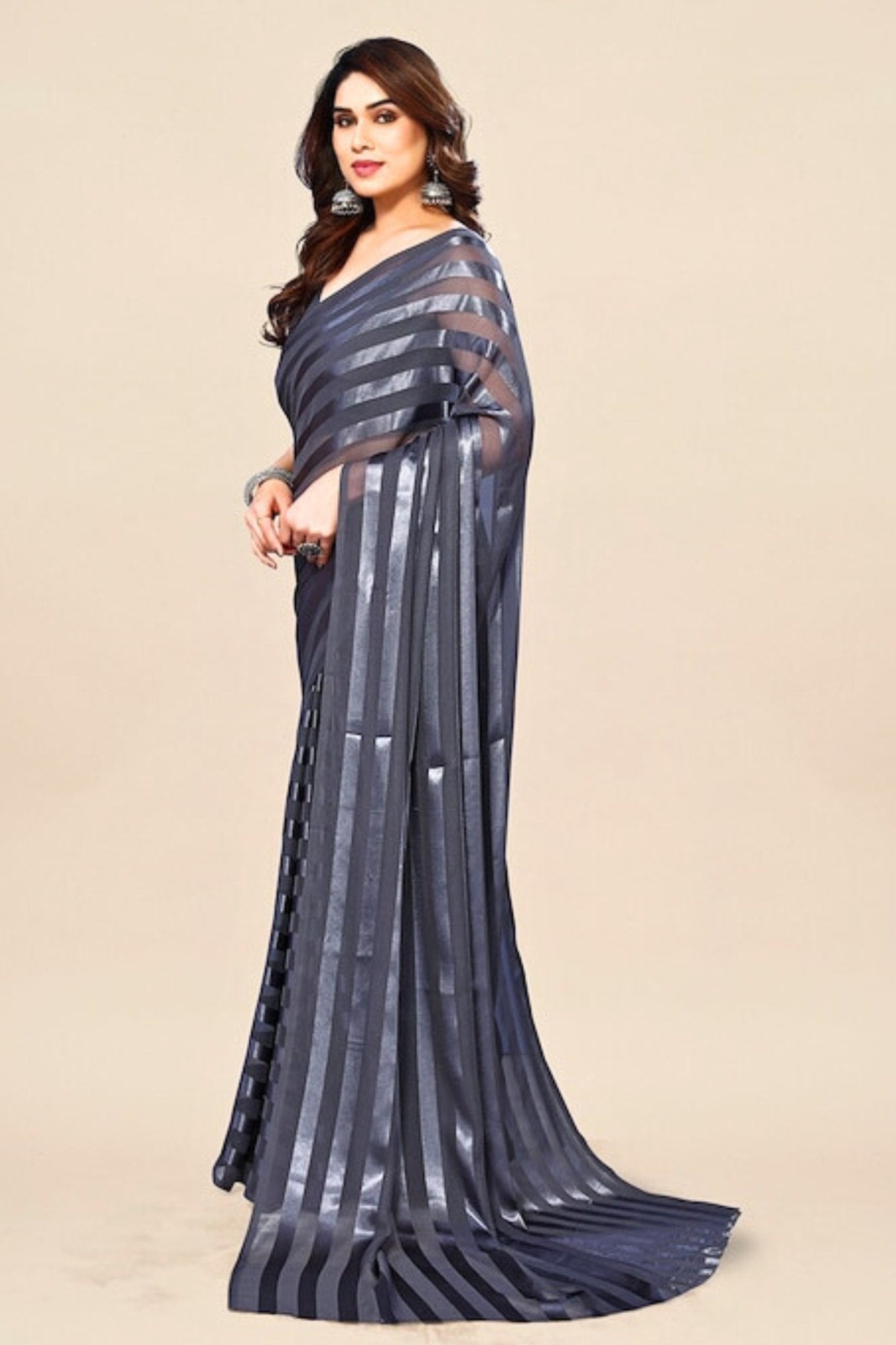 Lovely Embroidered Grey Satin Silk Trendy Saree