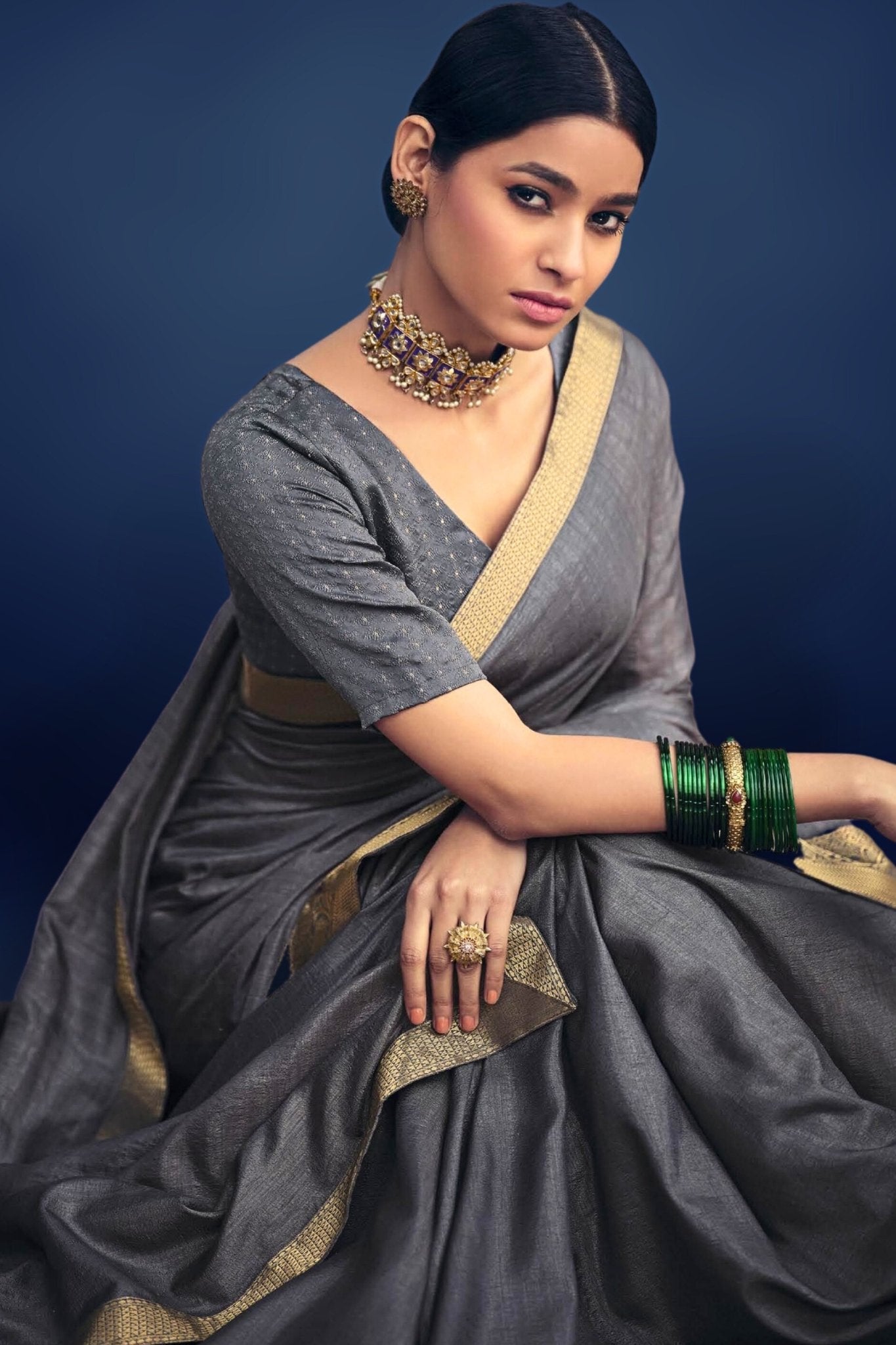 Silk Sarees : Grey booming silk ready to wear saree