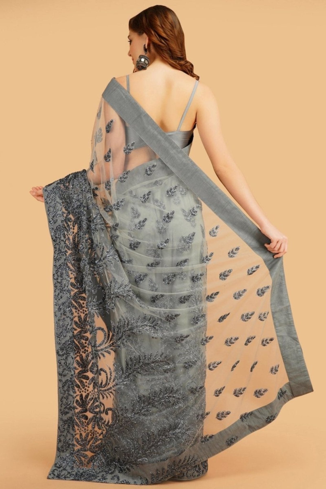 Astonishing Look Grey Color Soft Net Base Stone Work Embroidered Saree